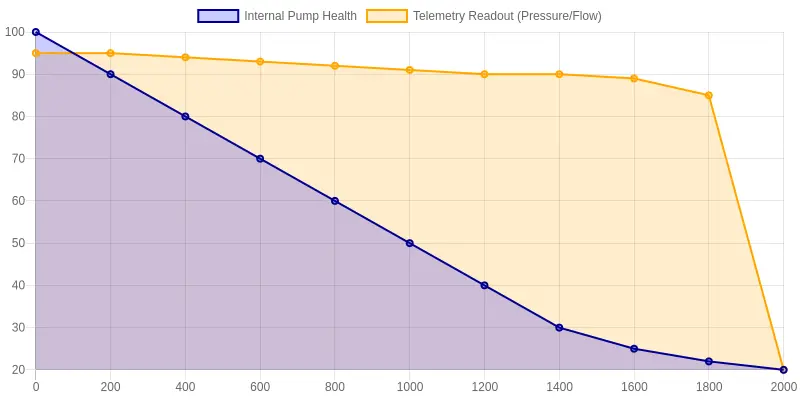 Line chart titled 'Pump Internal Health vs. Telemetry Readout Over Time' showing internal pump health degrading steadily across operating hours while telemetry pressure and flow readouts stay flat before dropping sharply near failure