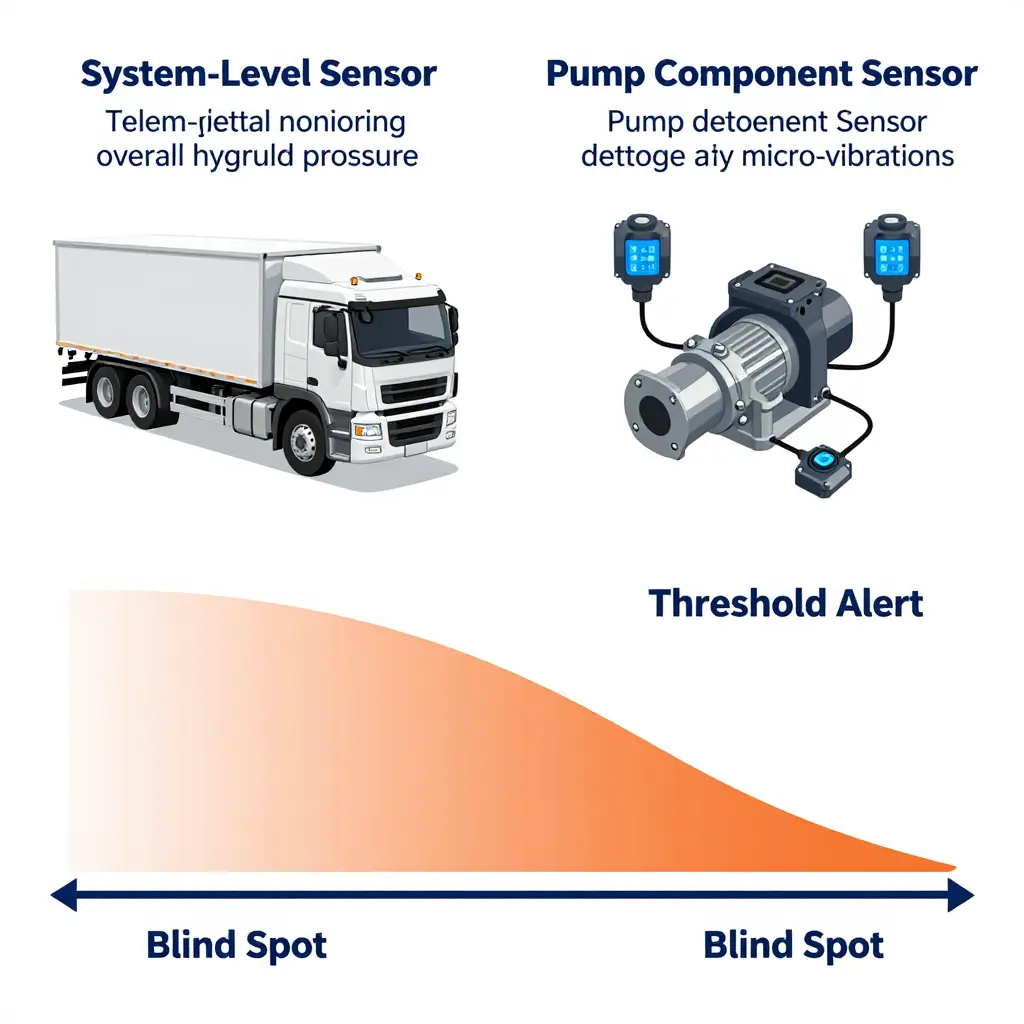 Diagram showing telematics sensors monitoring at the system level versus component-level pump monitoring, with a shaded blind spot before the threshold alert is crossed
