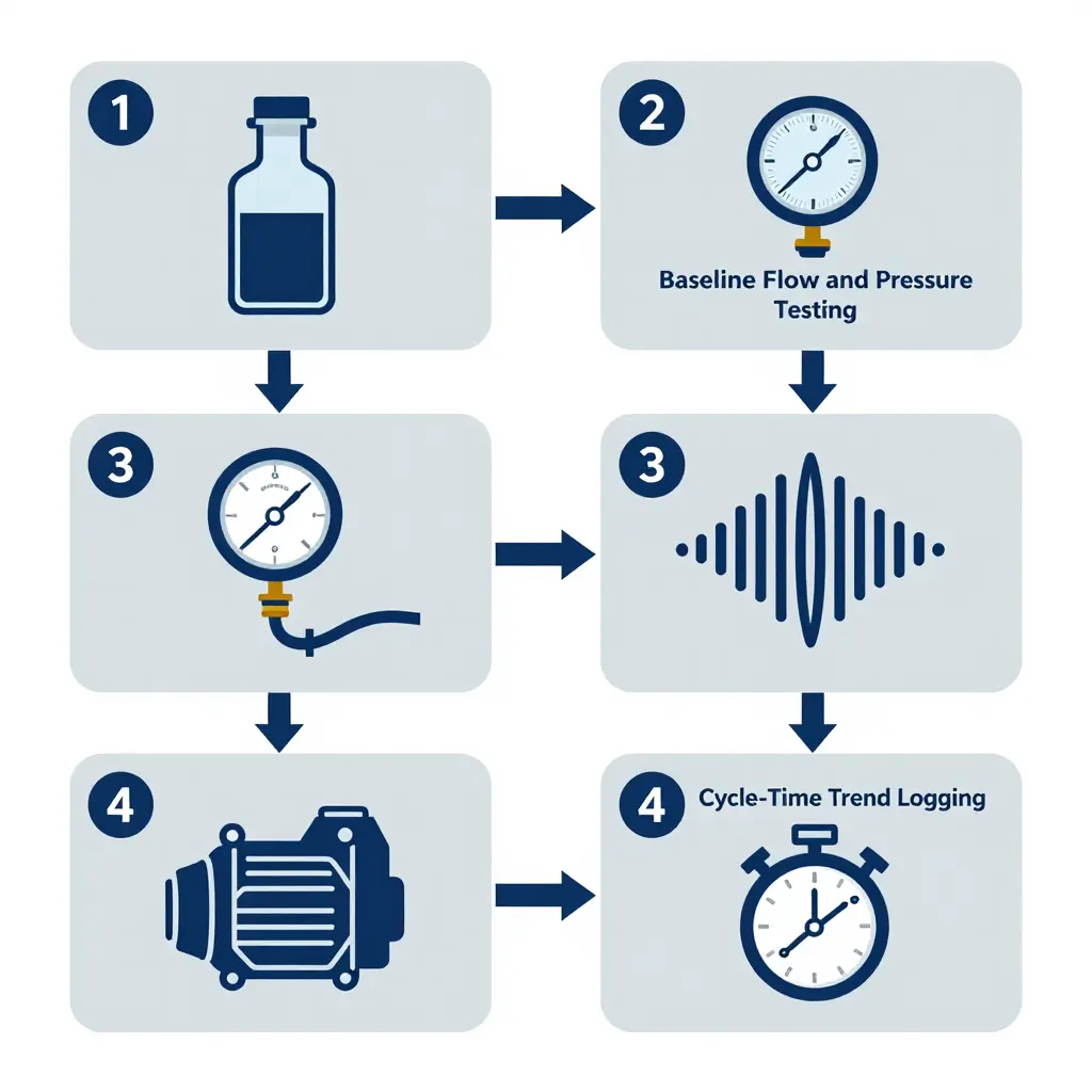 Four-step hydraulic pump diagnostic workflow for shops: fluid sampling and lab analysis, baseline flow and pressure testing, vibration spectrum checks, and cycle-time trend logging