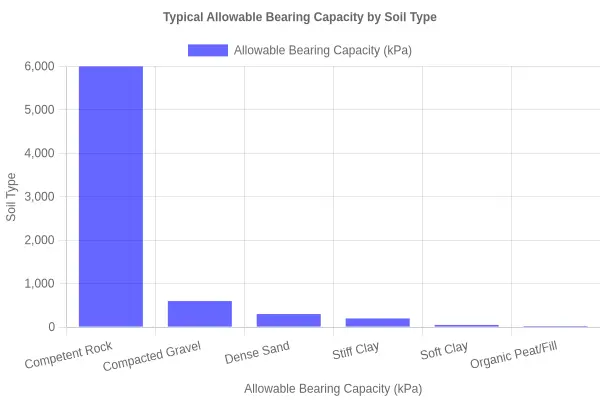 Horizontal bar chart comparing typical allowable bearing capacity values across six soil types, ranging from competent rock at 6000 kPa down to organic peat or fill at 25 kPa