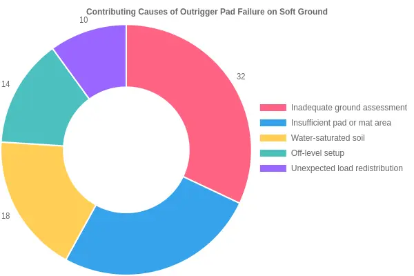 Doughnut chart showing the proportional breakdown of contributing causes of outrigger pad failure on soft ground, with inadequate ground assessment at 32%, insufficient pad or mat area at 26%, water-saturated soil at 18%, off-level setup at 14%, and unexpected load redistribution at 10%