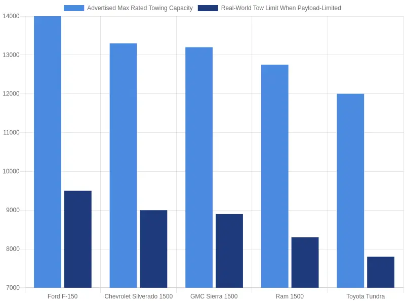Grouped bar chart comparing advertised max rated towing capacity against real-world payload-limited tow limits for five half-ton trucks