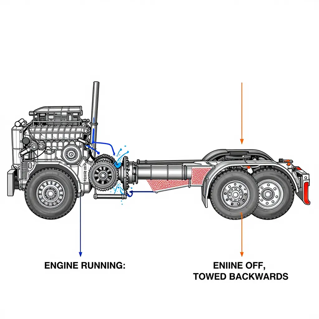 Technical schematic comparing oil flow and component rotation in a Roadranger-style manual transmission and hypoid rear axle with the engine running versus being towed backwards with the wheels driving the gears