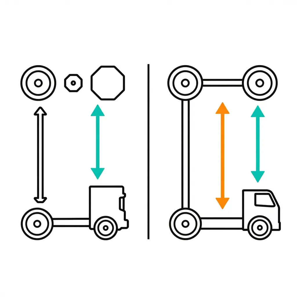 Two-panel flat schematic comparing the semi driveline torque path: left panel shows wheels, differential, driveshaft, transmission and engine linked with torque-flow arrows running forward to the transmission; right panel shows the driveshaft removed with a wide gap and torque arrows stopping at the differential