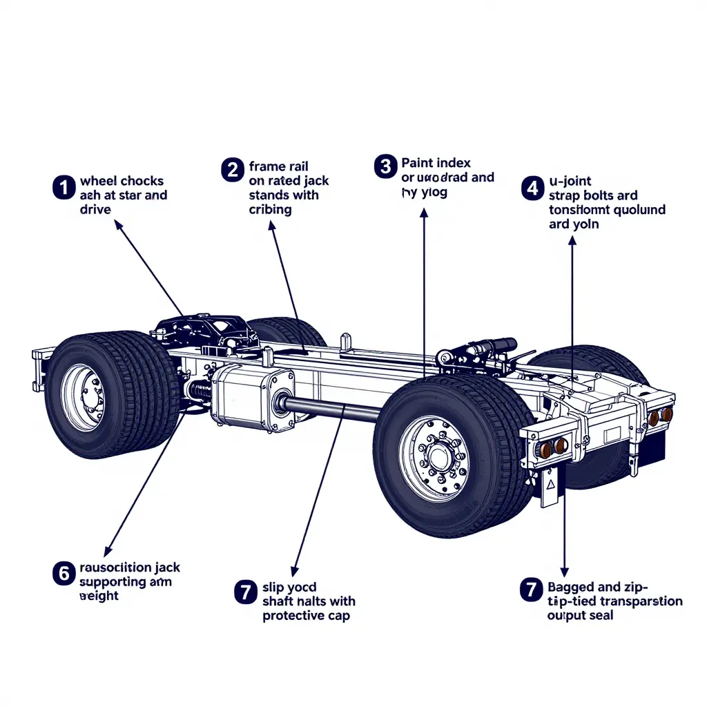 Blueprint-style diagram of a Class 8 tractor rear chassis showing numbered driveline removal callouts: wheel chocks, frame cribbing, index paint marks, U-joint strap bolts, transmission jack support, capped slip yoke, bagged transmission output, and secured shaft halves tied to the frame rail