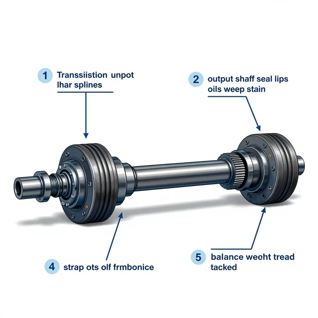 Numbered callouts on a removed semi truck driveshaft showing spline wear, seal weep, U-joint play, strap bolts, and balance weights