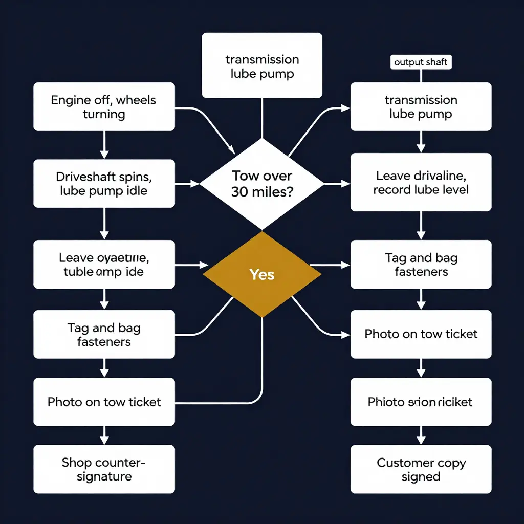 Driveline removal decision flowchart and tow ticket handoff chain