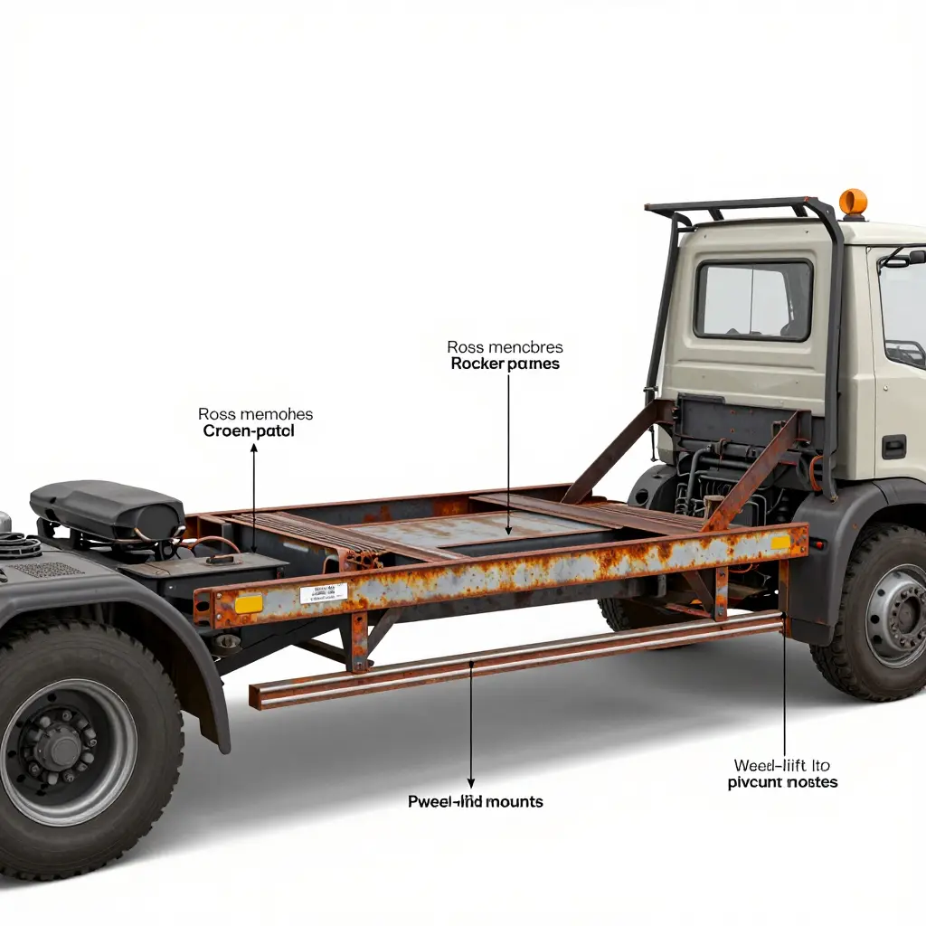 Annotated diagram of a tow truck underside showing rust-prone components such as frame rails, cross-members, rocker panels, and wheel-lift pivot mounts