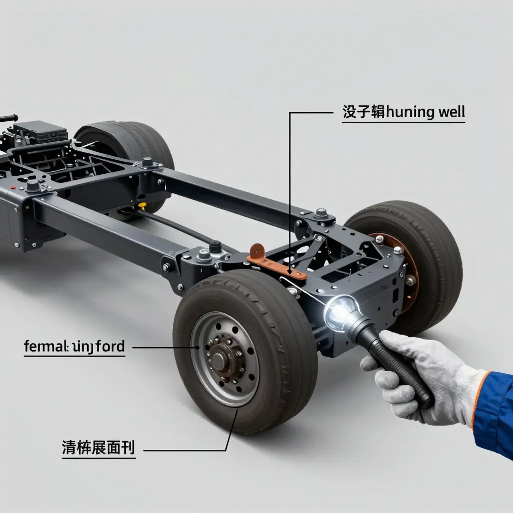 Inspection diagram of a tow truck subframe, showing cracked welds, rusted mounting points, and a repainted mounting plate