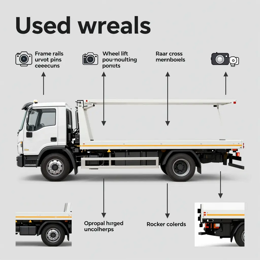 Inspection angle diagram for a used tow truck, highlighting frame rails, wheel lift pivot pins, subframe mounts, and rear crossmembers