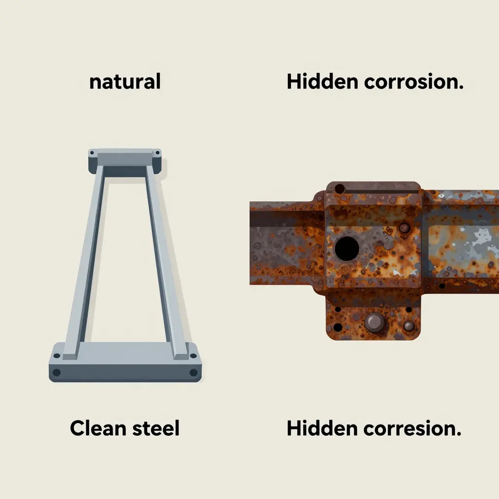 Side-by-side comparison of a clean tow truck frame rail and a rusted, flaking frame rail labeled clean steel versus hidden corrosion