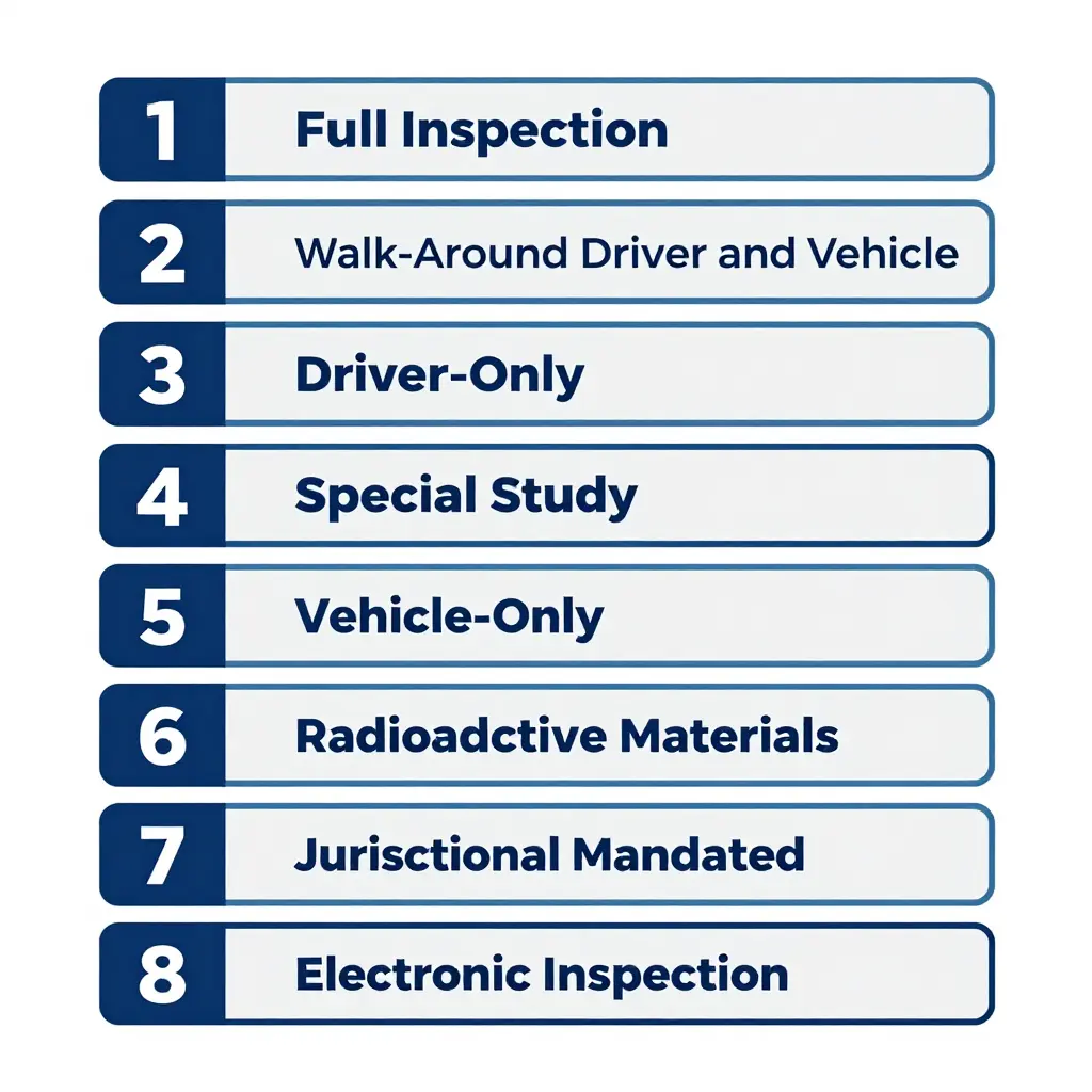 Infographic of the eight FMCSA DOT roadside inspection levels