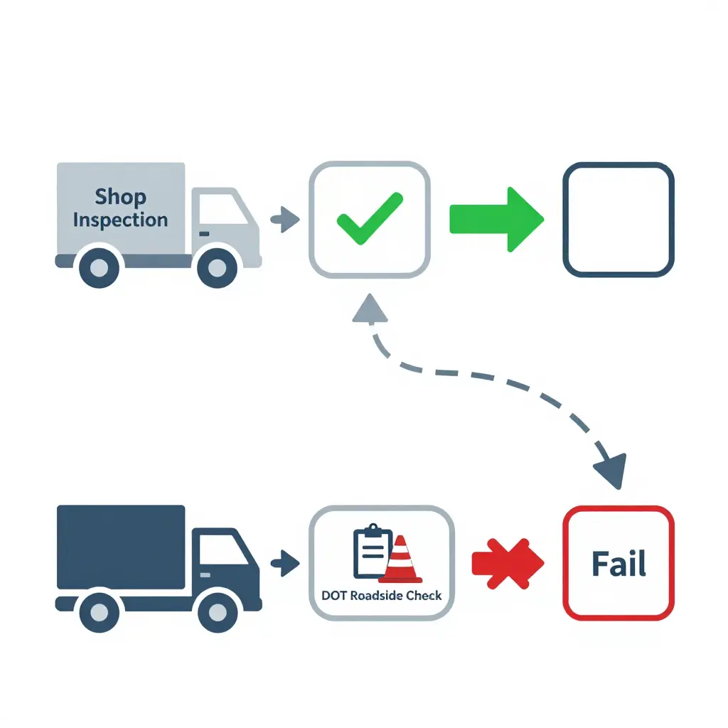 Diagram showing a used tow truck branching into two parallel inspection paths: Path A through a Shop Inspection node marked with a green checkmark leading to a Pass outcome, and Path B through a DOT Roadside Check node marked with a traffic cone leading to a Fail outcome, with a dashed curved arrow indicating the paths are independent.