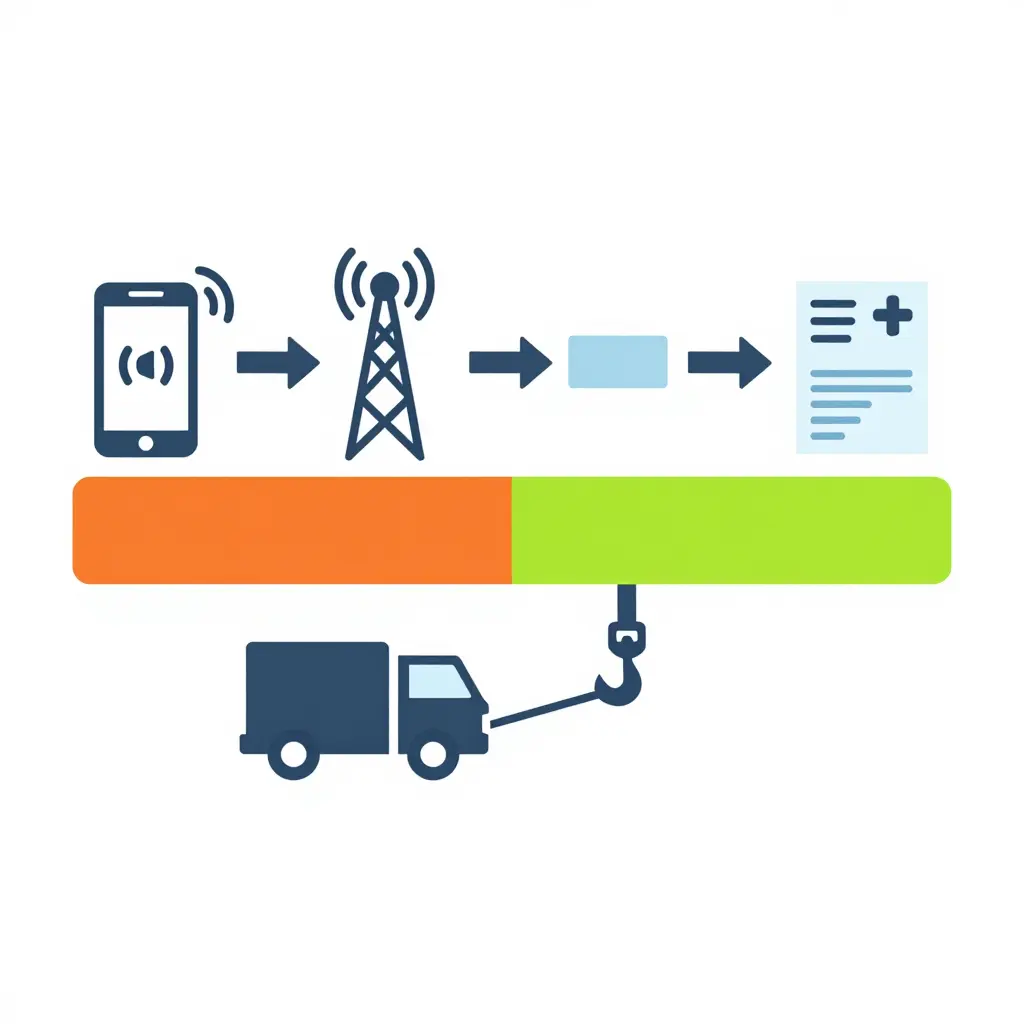 Flat 2D diagram showing the four-stage quote-to-invoice flow: phone quote, dispatch, on-site hook-up, and final invoice, with the dispatch and hook-up stages highlighted to mark where extra fees appear.