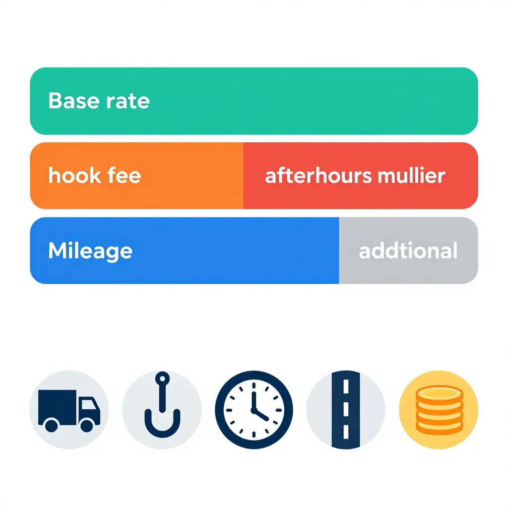 Flat 2D diagram showing how a tow truck quote is split into five distinct fee components: base rate, hook fee, after-hours multiplier, mileage, and additional charges, each as a colored block with a matching icon.