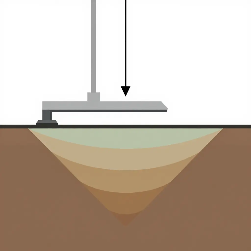 Two-dimensional cross-section diagram showing a crane outrigger load transferred through the outrigger float and pad into the soil, with pressure spreading wider and deeper beneath the pad