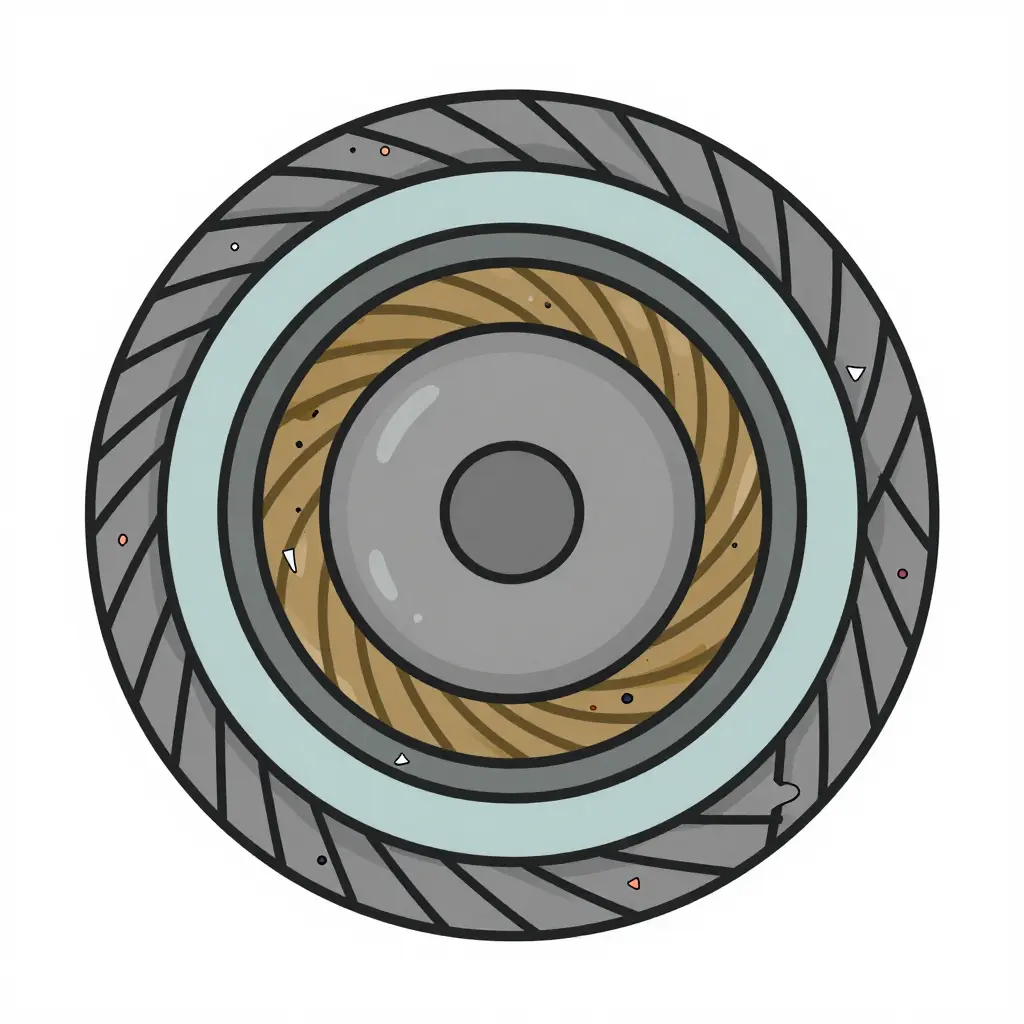 Flat 2D schematic cross-section of a winch cable showing concentric layers of outer strands, inner strands, and a central core, with grit particles and lubrication film sitting between each layer