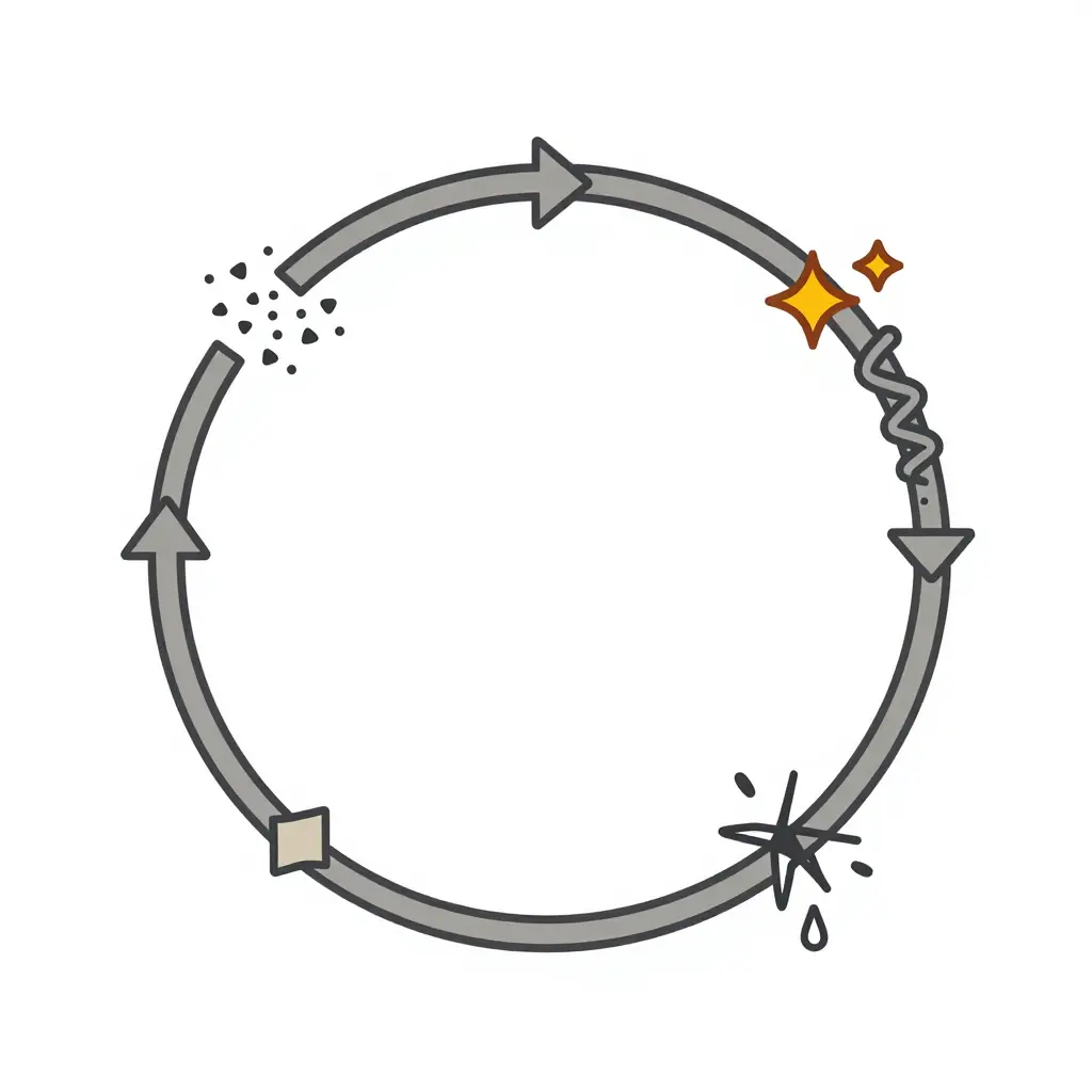 Flat 2D circular process diagram showing four stages of winch cable abrasive wear connected by arrows