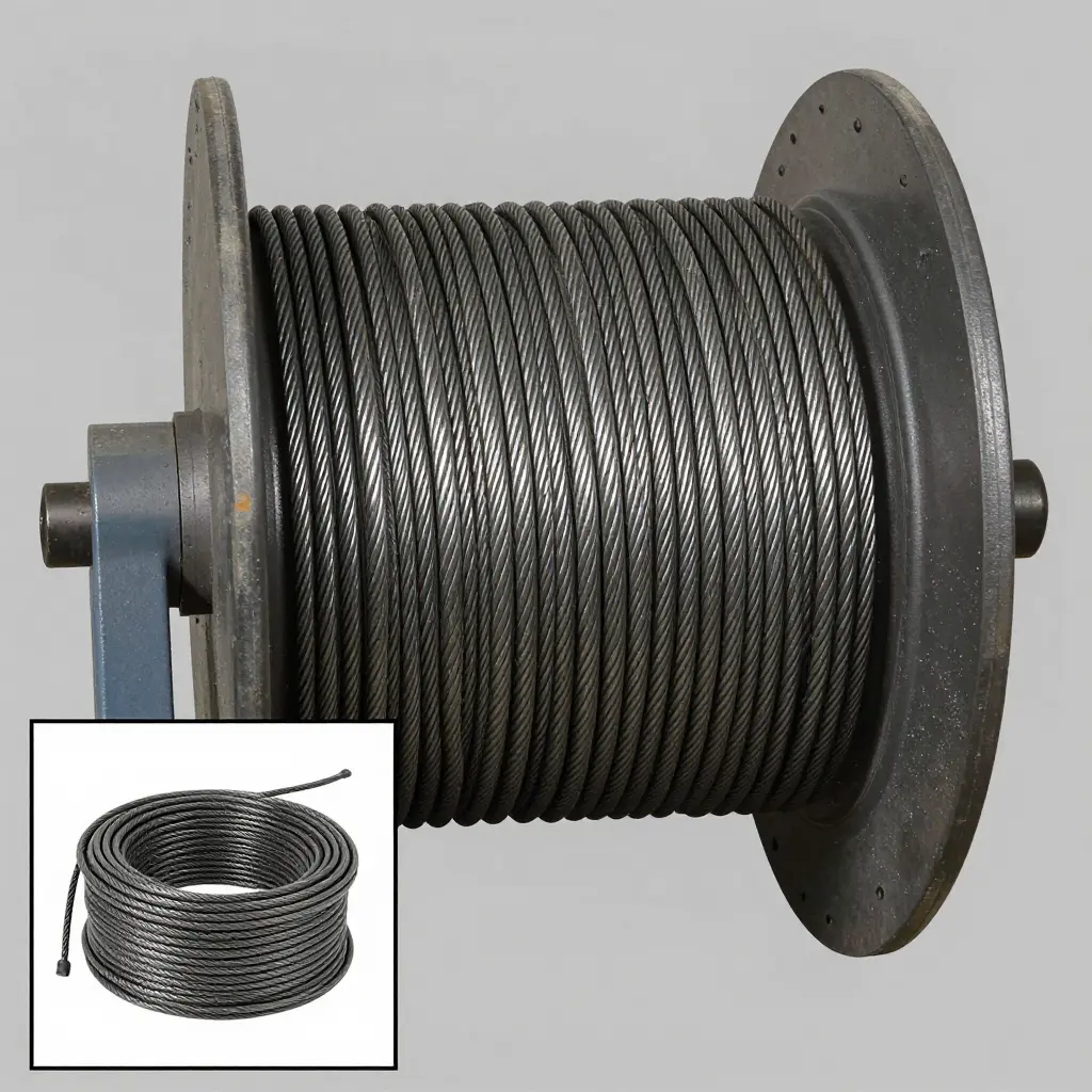 Technical illustration of a tow truck winch drum with steel cable wound in neat, even layers for correct spooling discipline, with a small inset showing a crossed and bunched cable for contrast.