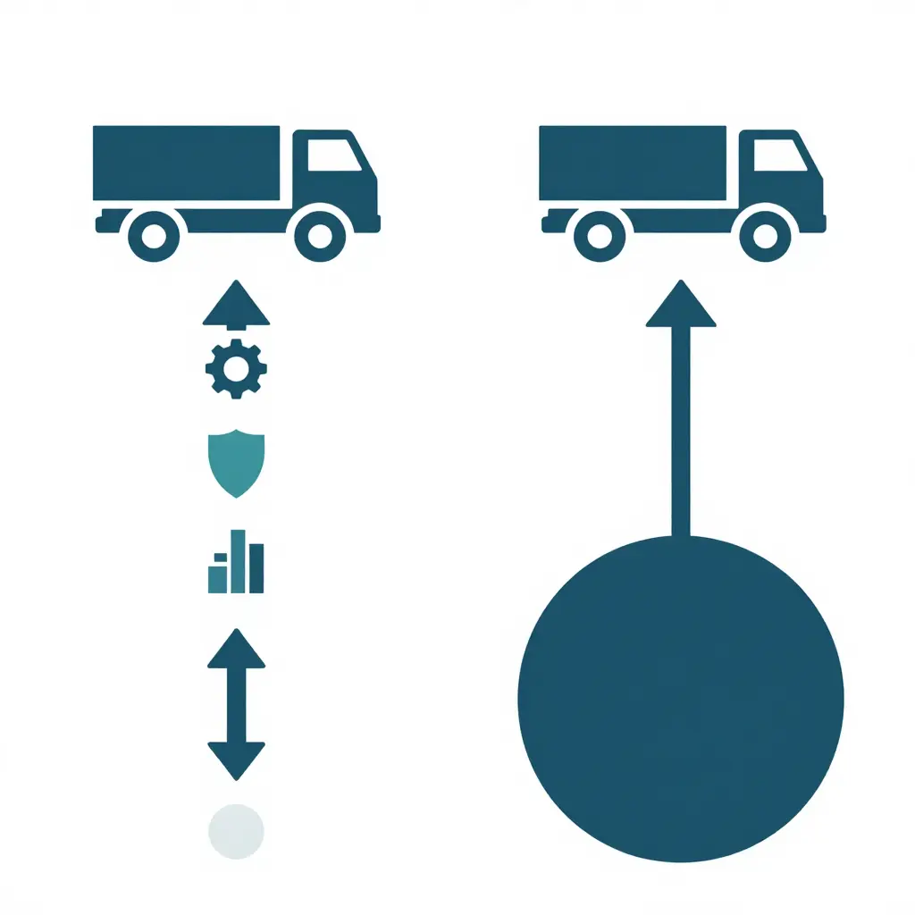 Minimal flat 2D schematic showing two identical flatbed tow trucks with the same starting mileage branching into two different value outcomes based on condition, maintenance, specs, and demand